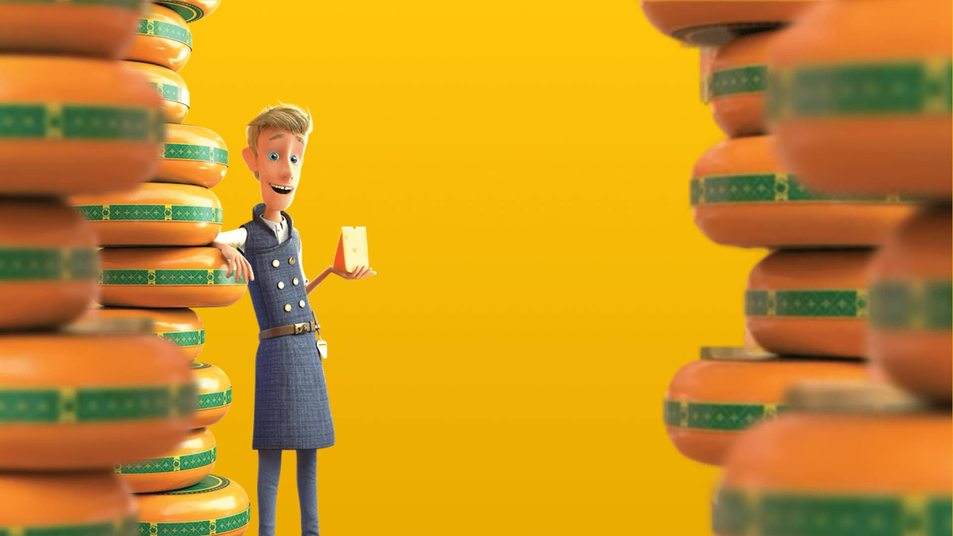 Coverfoto van Gouda Cheese Experience-mascotte Ralfie die tussen stapels kazen staat op een geeloranje achtergrond.